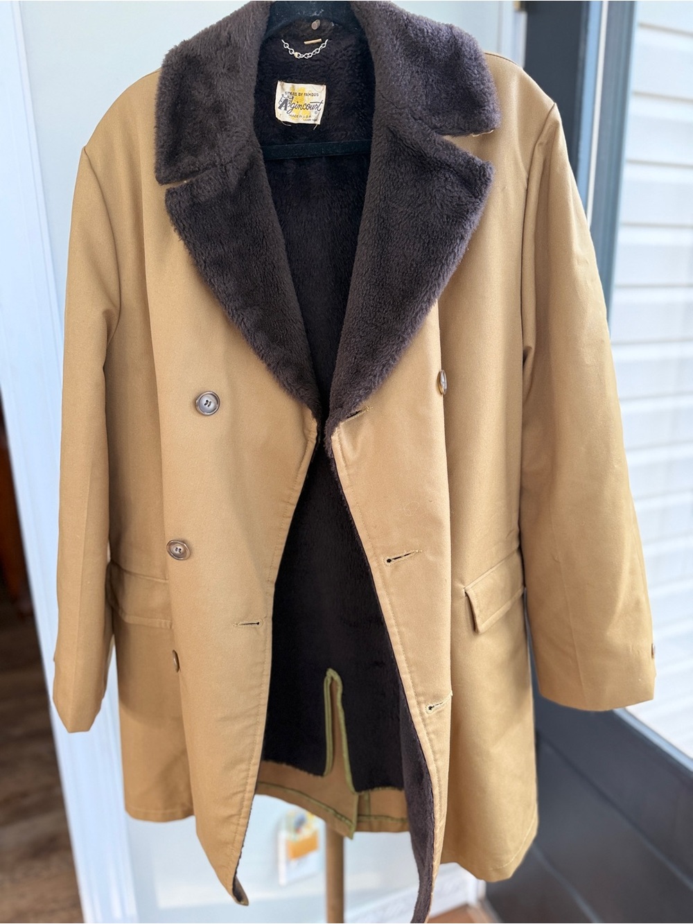 Men's Double-Breasted Tan Coat with Dark Brown Faux Fur Lining